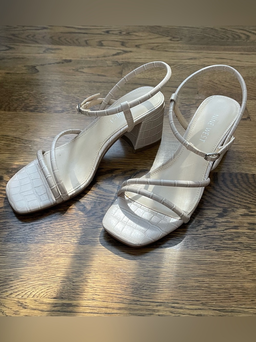Nine West Light Cream Croc-Embossed Strappy Block Heels